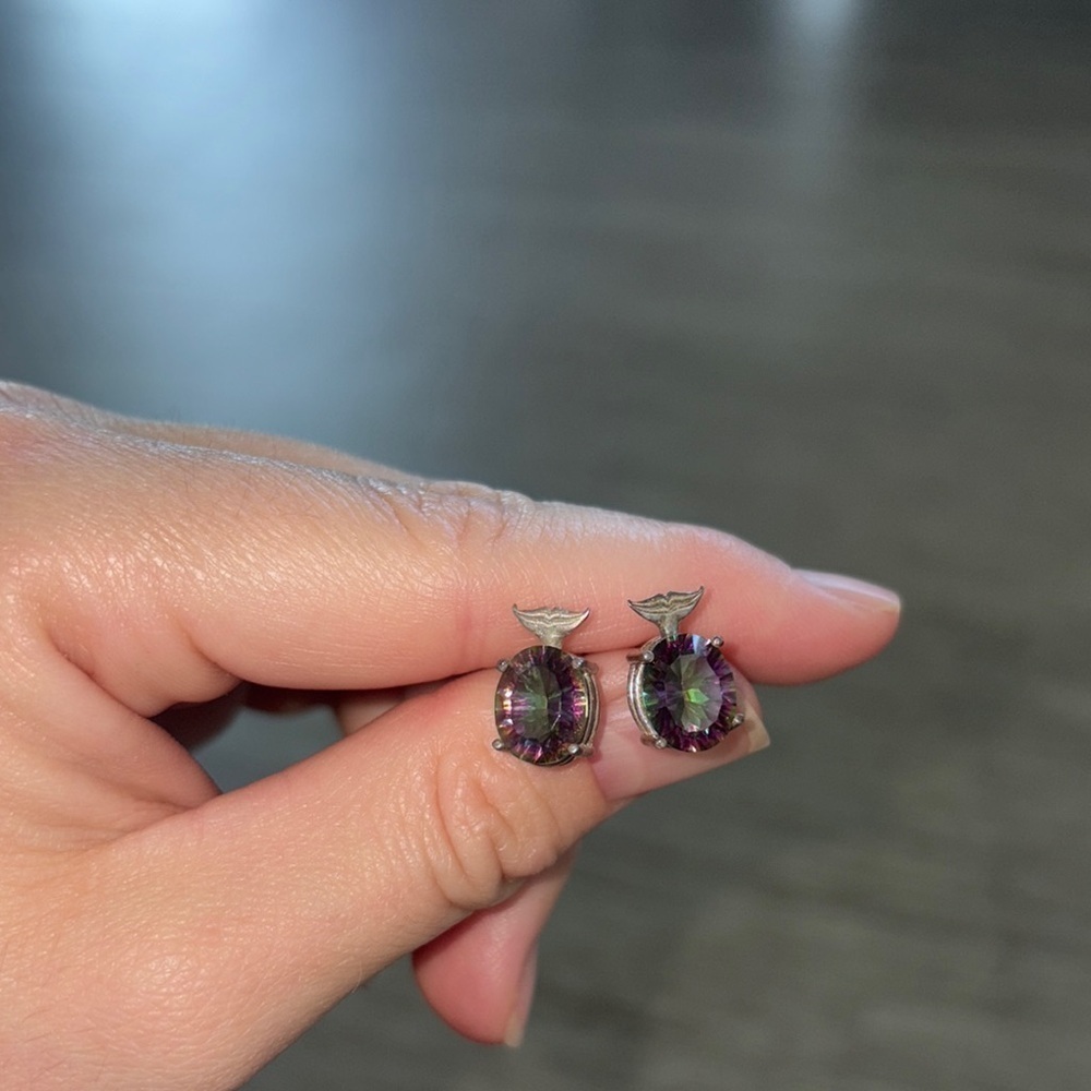 Mystic topaz sterling Silver Stud Earrings with whale tail design topper - Picture 4 of 9